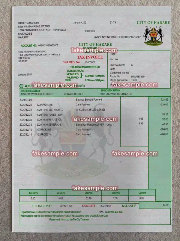 Zimbabwe Proof Address Fake Template