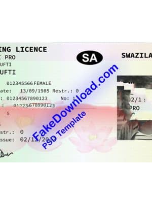 Swaziland driver license psd fake template