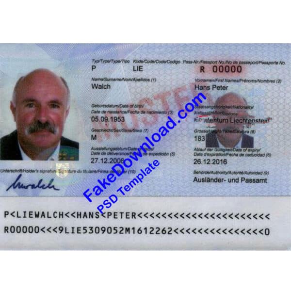 Liechtenstein Passport Fake Template