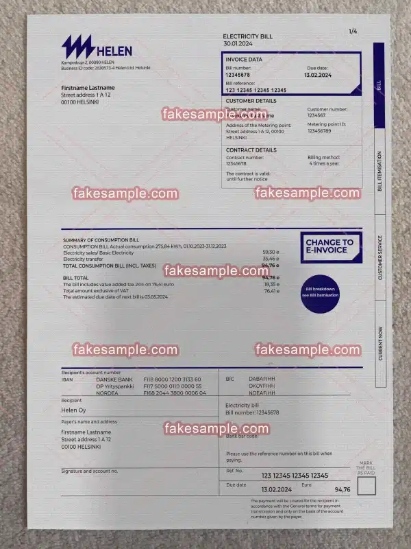 Finland Utility Bill Fake Template