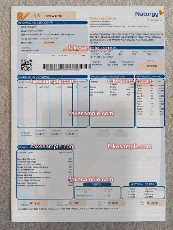 Panama Utility Bill Fake Template