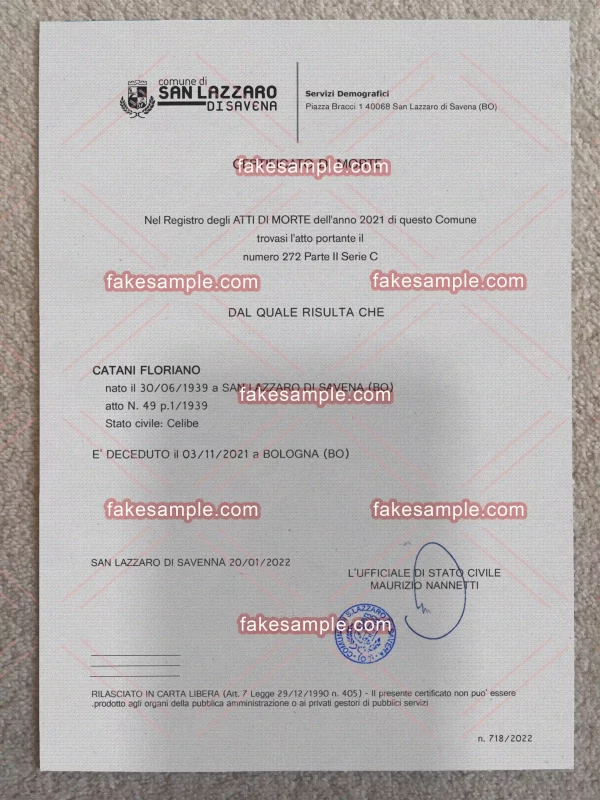 Italy Death Certificate Fake Template