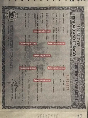 Tobago Birth Certificate (Version 2) Fake Template