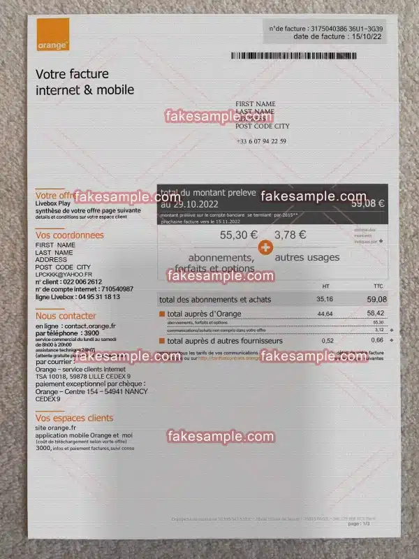 France (Version 1) Utility Bill Fake Template